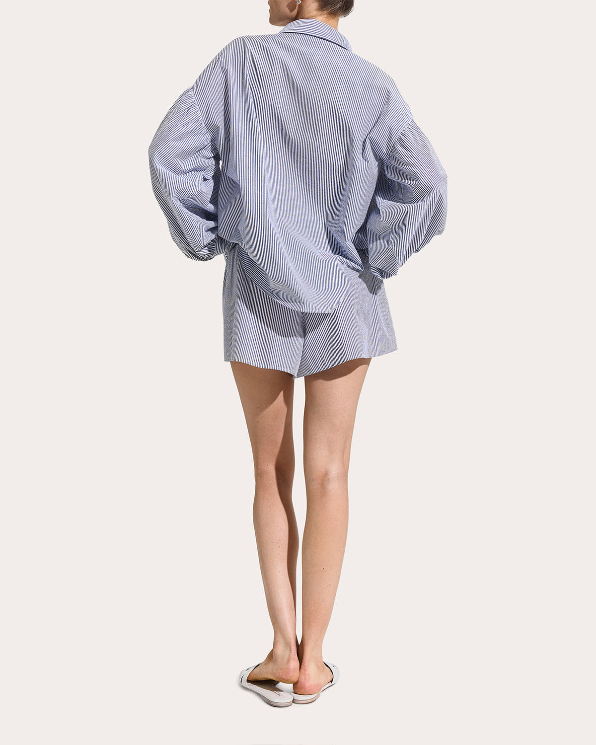 Cloud Stripe Seersucker Puff-Sleeve Shirt