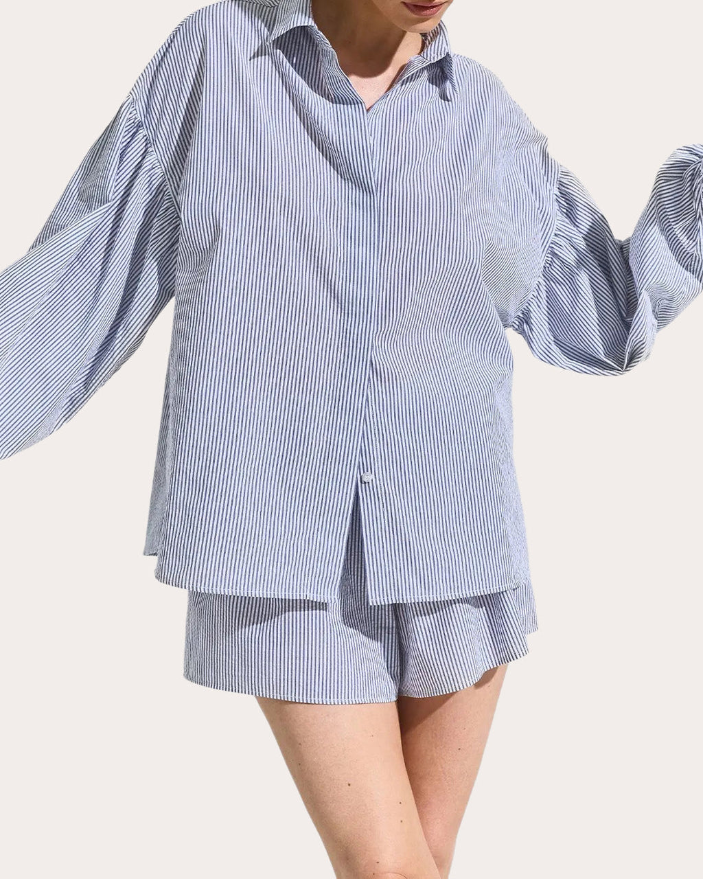 Cloud Stripe Seersucker Puff-Sleeve Shirt