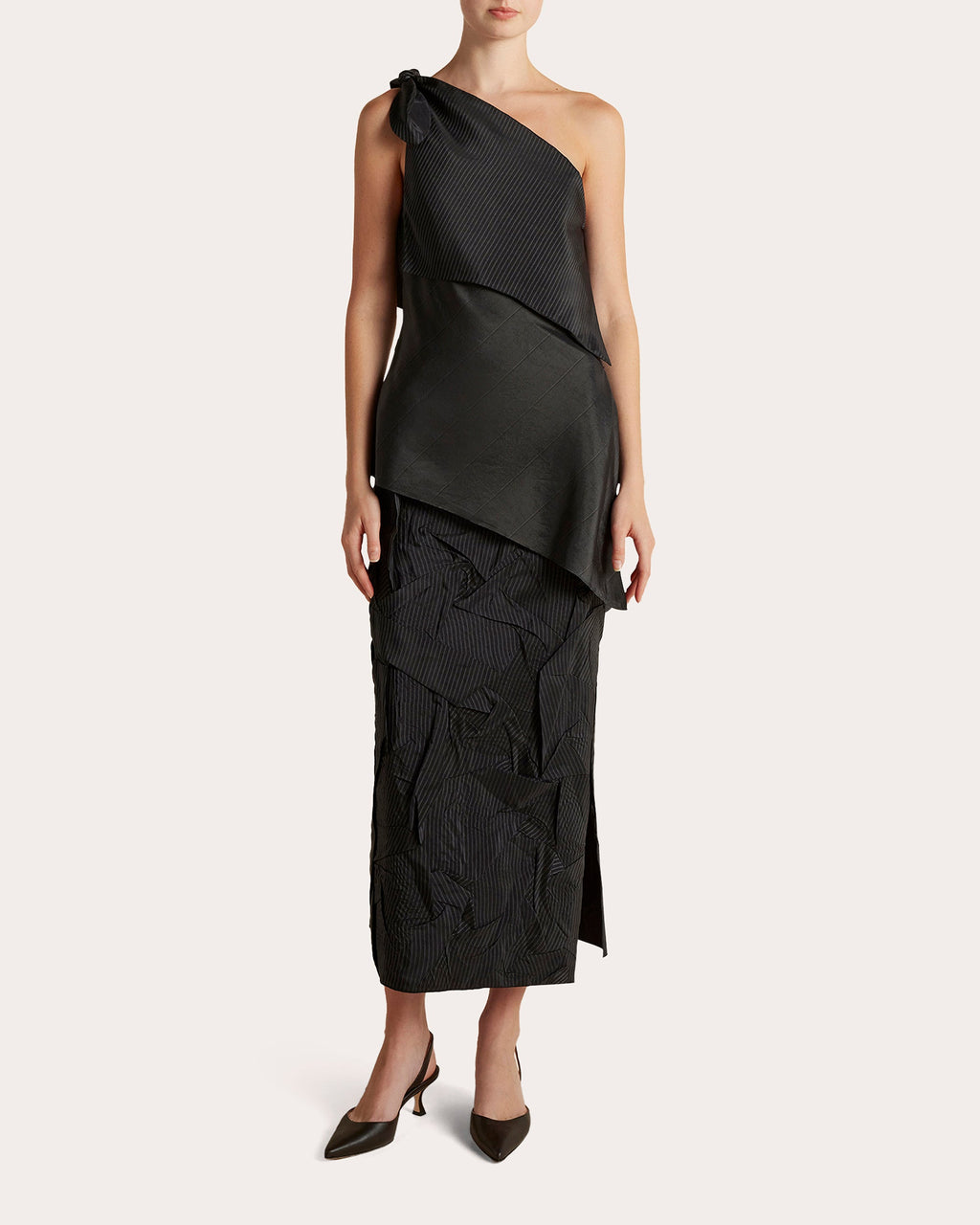 Pinstripe Draped Asymmetric Triangle Top