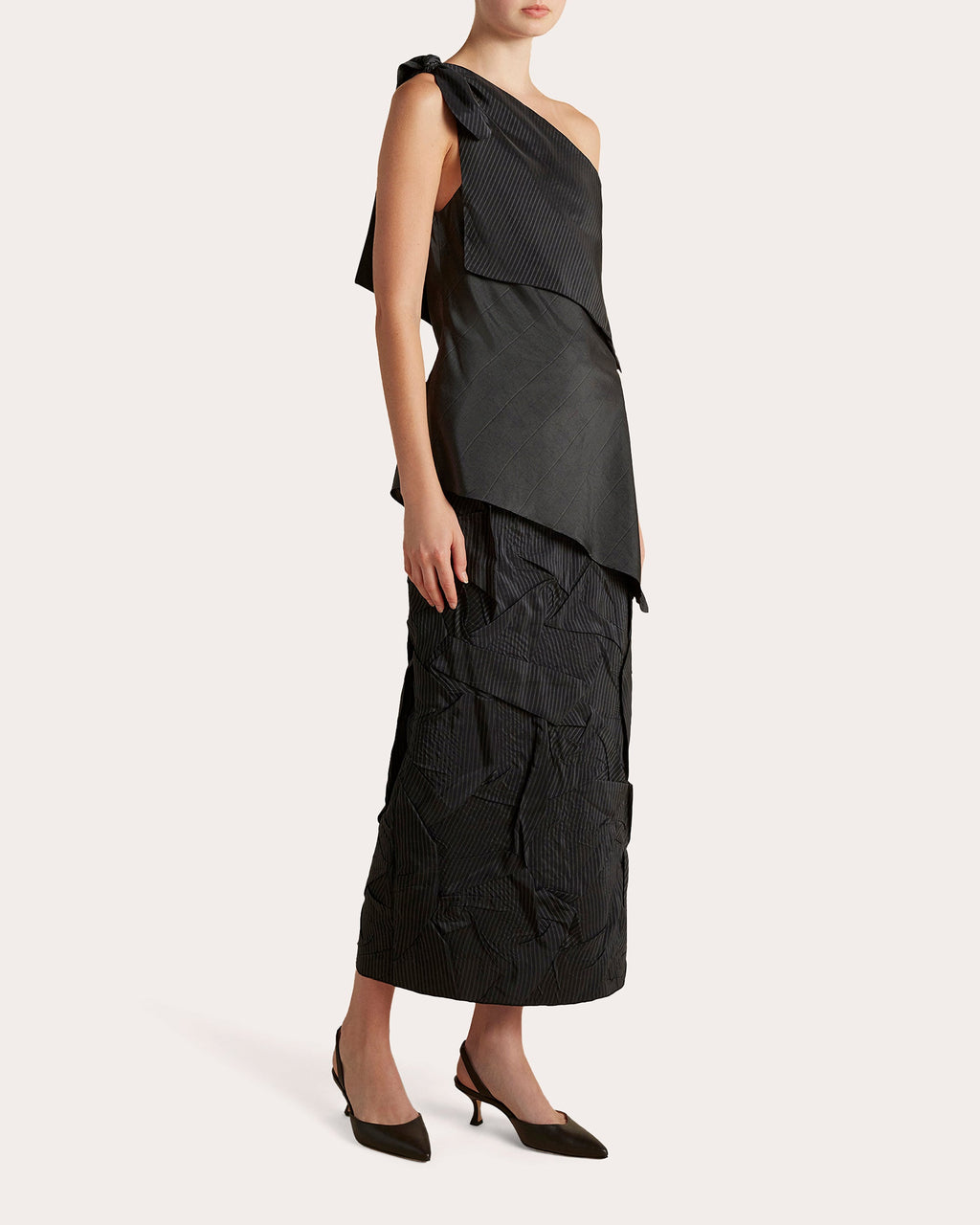 Pinstripe Draped Asymmetric Triangle Top