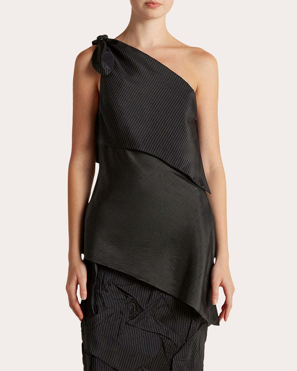 Pinstripe Draped Asymmetric Triangle Top