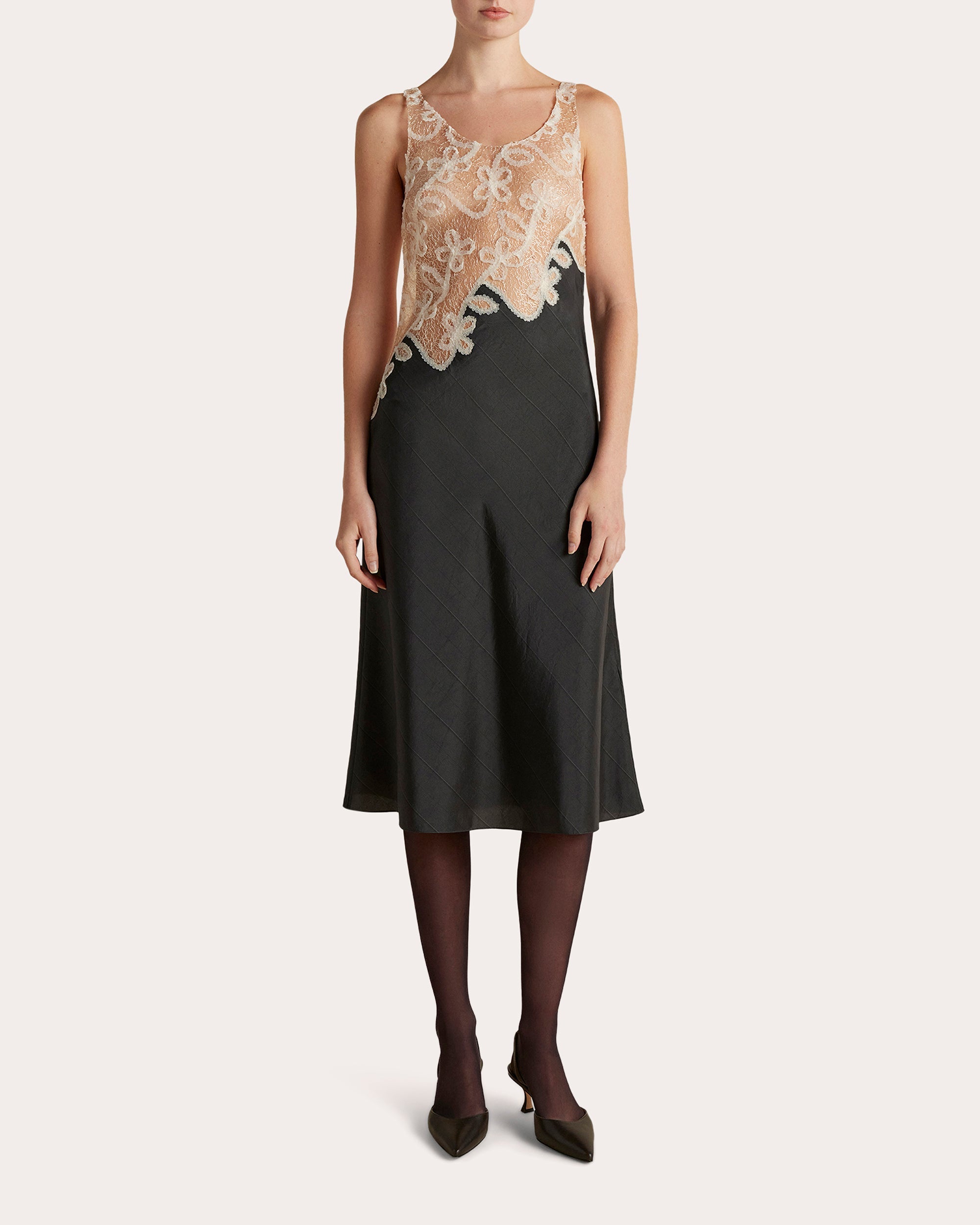 Pinstripe Lace Bias-Cut Midi Dress