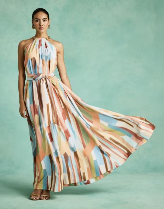 Bijou Abstract Twill Chain Halter Gown