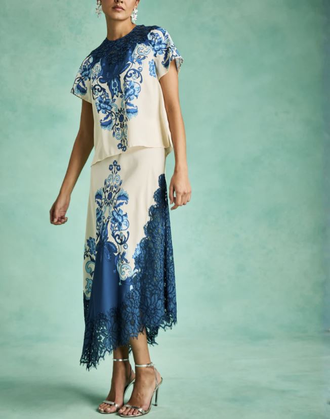 Gracie Floral Twill Lace Asymmetric Midi Skirt