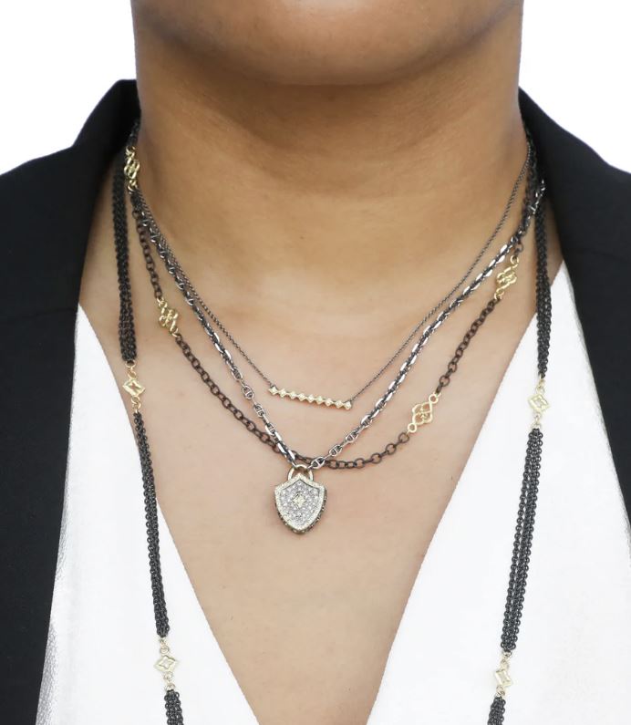 Diamond Two-Tone Blackened Protection Shield Pendant Necklace