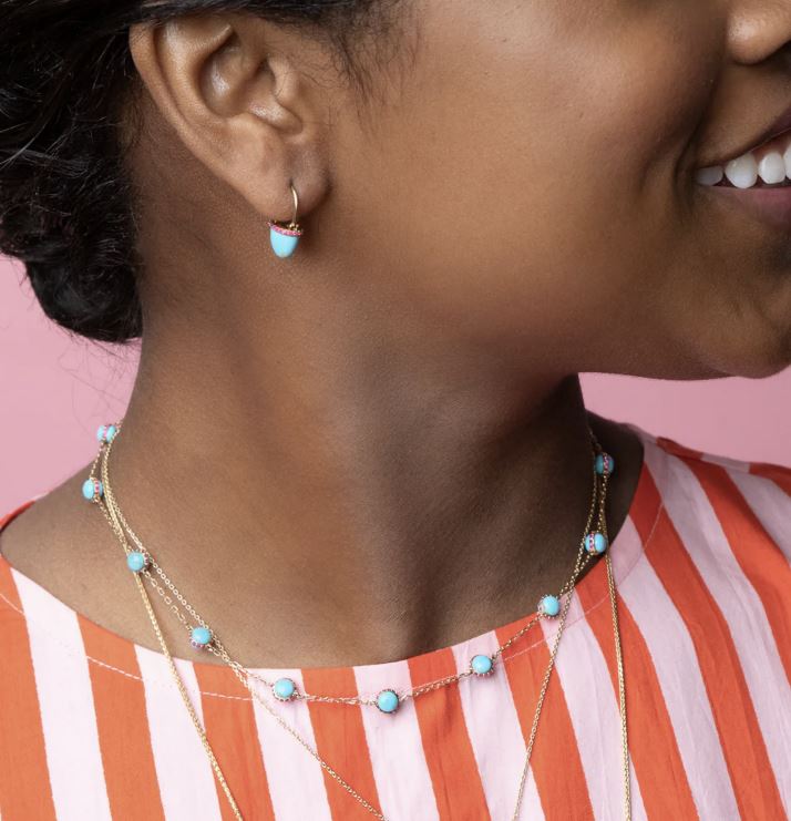 Pink Sapphire & Turquoise Found Cap Drop Earrings