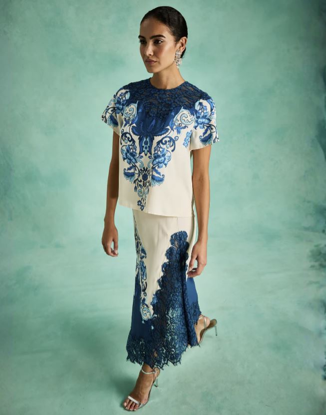 Morgan Floral Twill Lace Crewneck Top