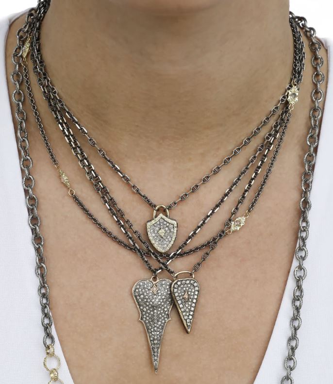 Diamond Two-Tone Blackened Heart Shield Pendant Necklace