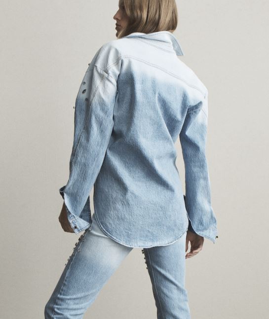 Hart Crystal-Embellished Faux-Wrap Stretch-Denim Shirt