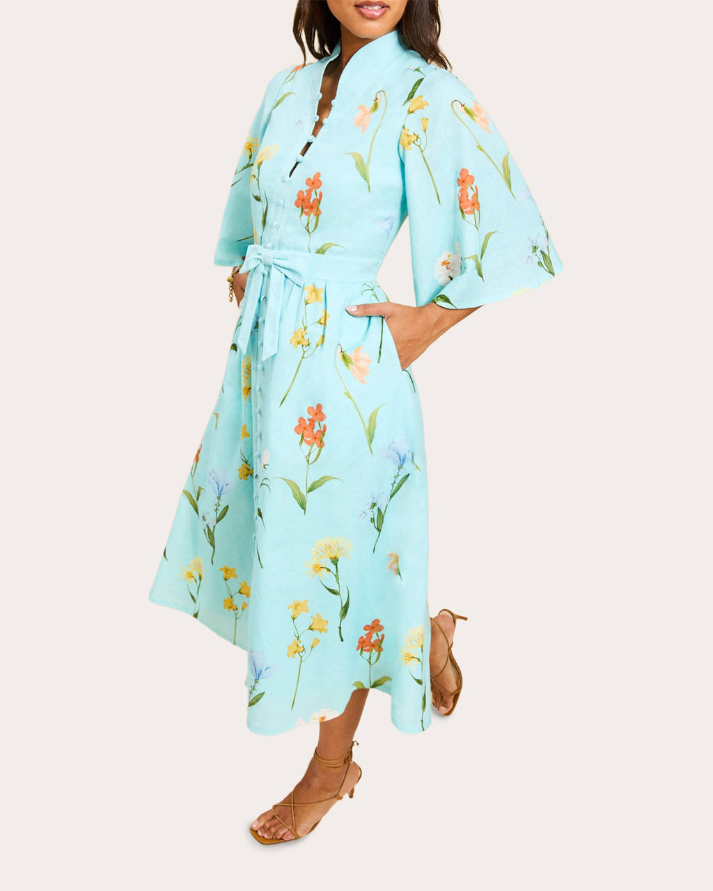 Carmen Floral Linen Button-Front Midi Dress