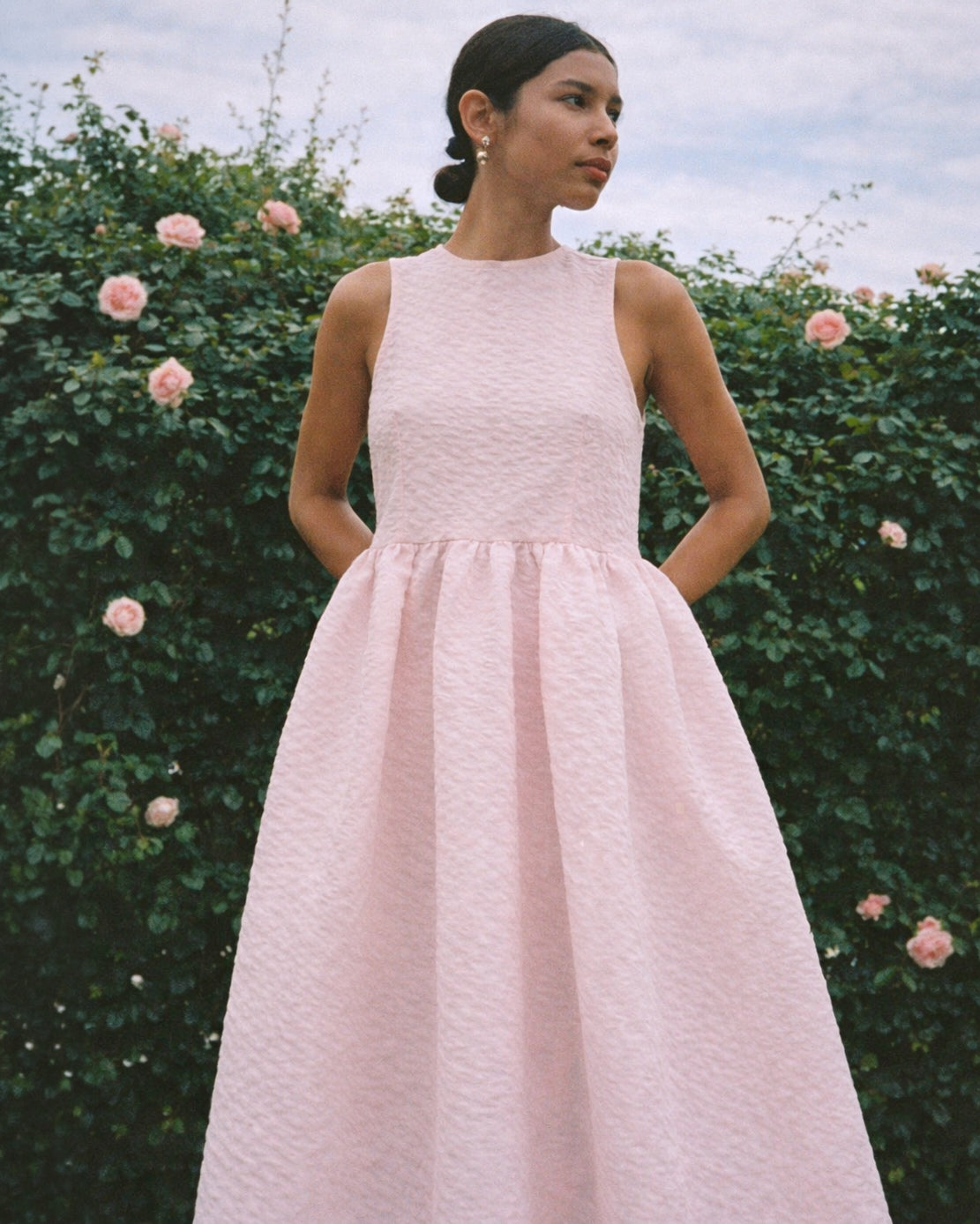 Dora Matelassé Gathered Midi Dress