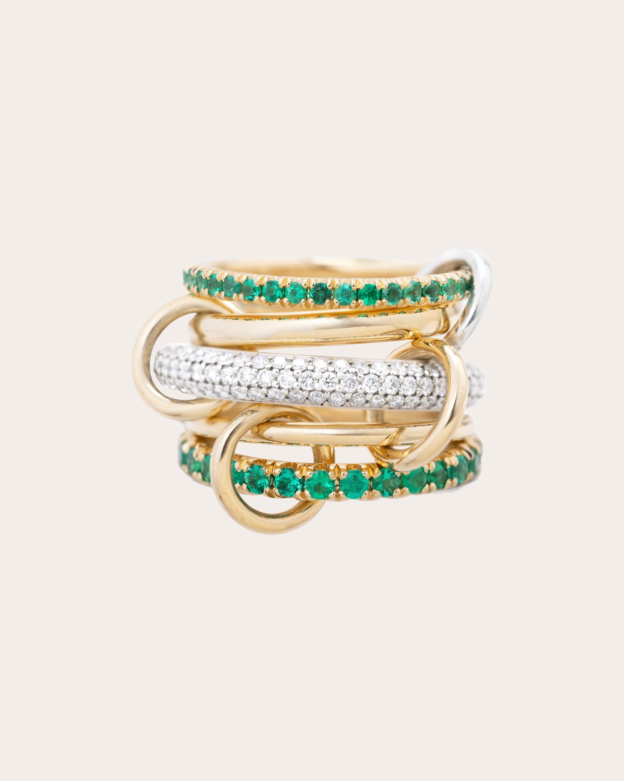 Diamond & Emerald 18k Gold Chloe Vert Pavé Linked Rings