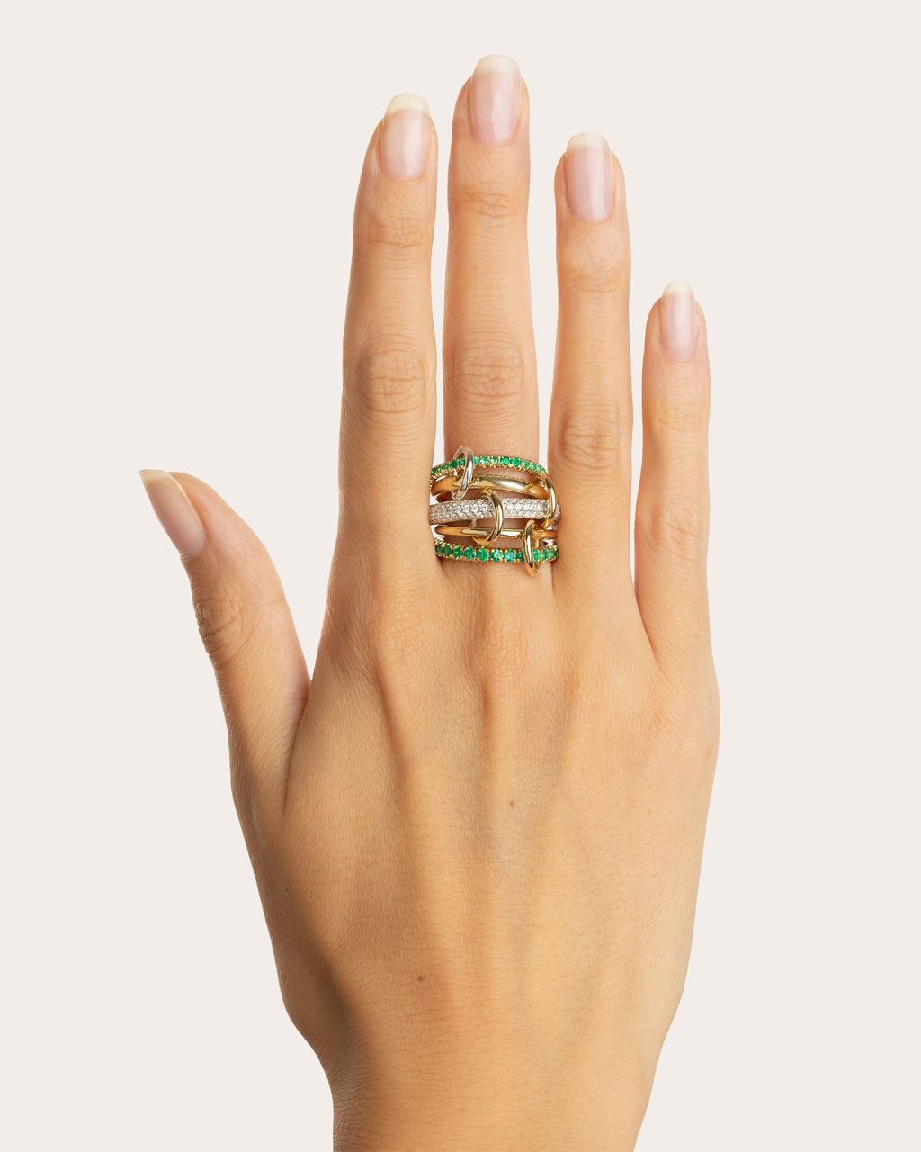 Diamond & Emerald 18k Gold Chloe Vert Pavé Linked Rings