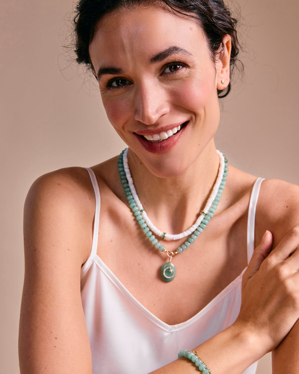 White Opal & Emerald Heishi Bead Necklace