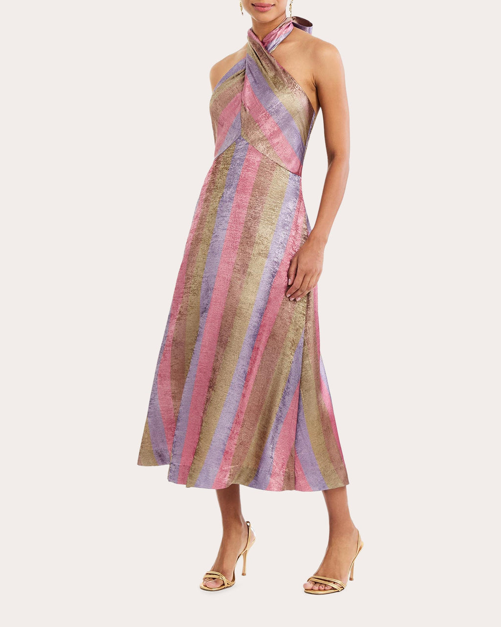 Copacabana Metallic Stripe Halter Midi Dress