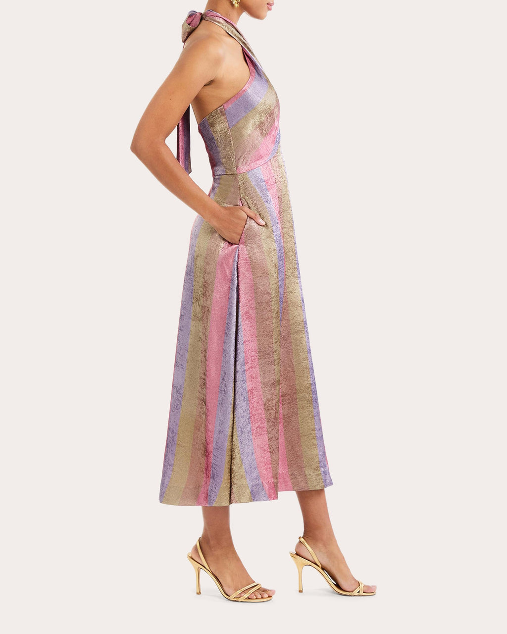 Copacabana Metallic Stripe Halter Midi Dress