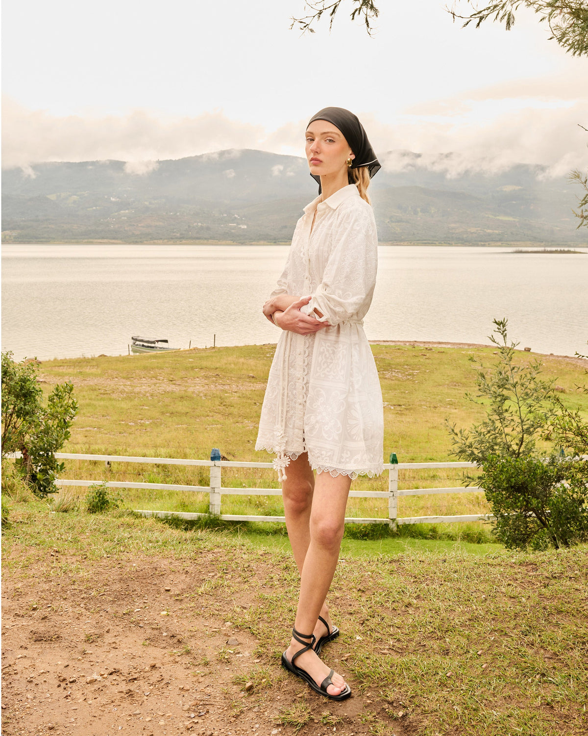 Alloria Embroidered Patchwork Shirt Dress