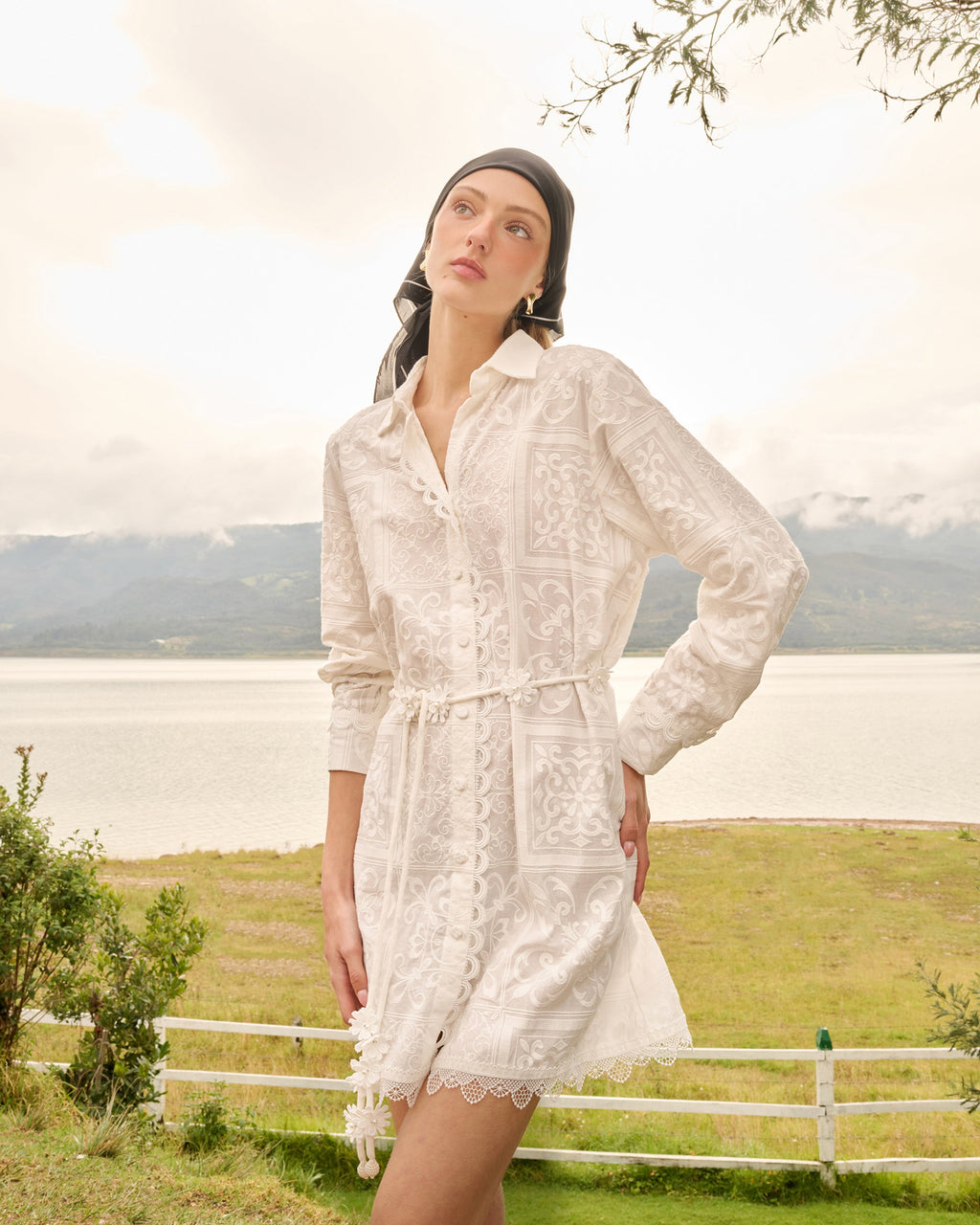 Alloria Embroidered Patchwork Shirt Dress