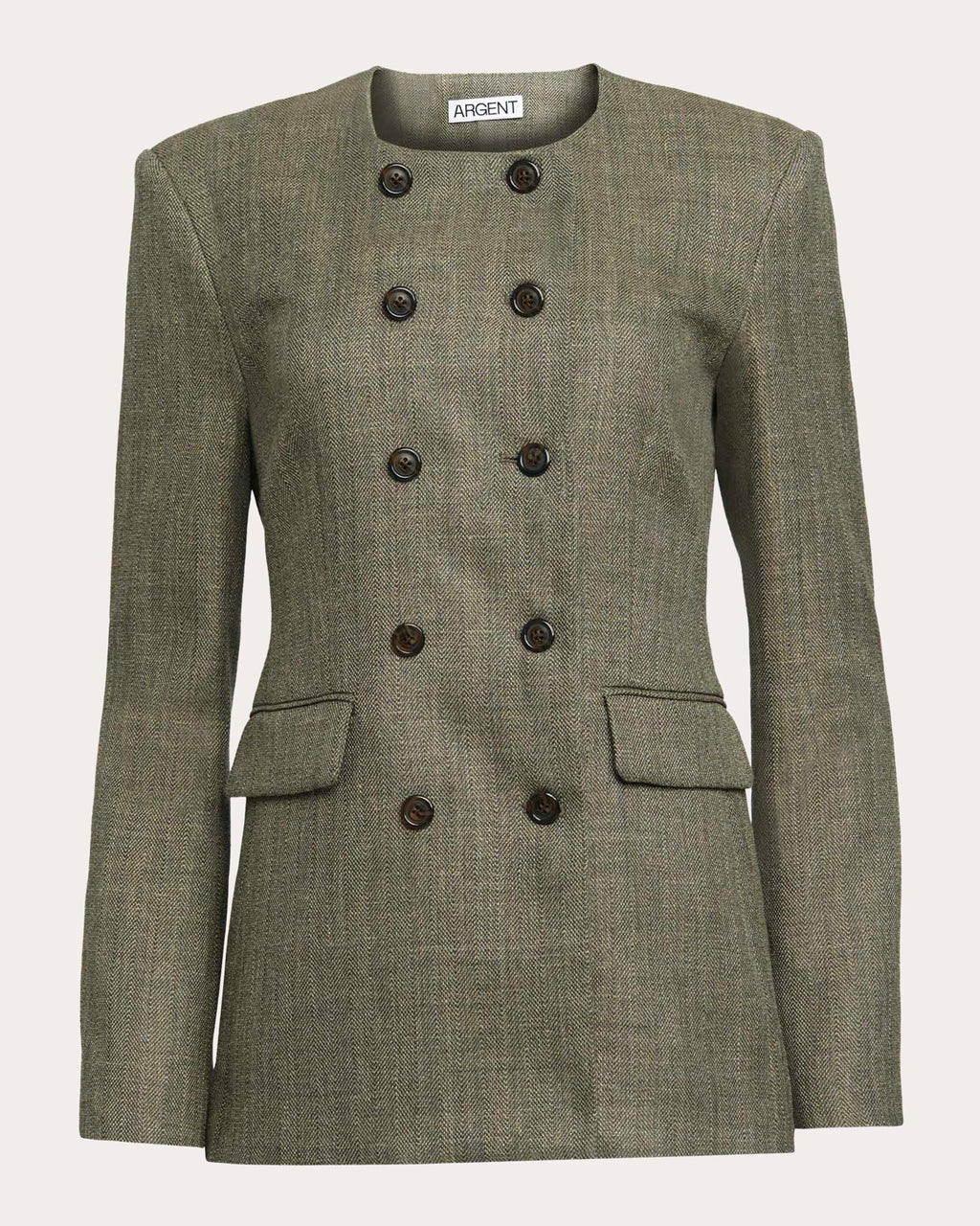 Herringbone Wool Double-Breasted Crewneck Blazer