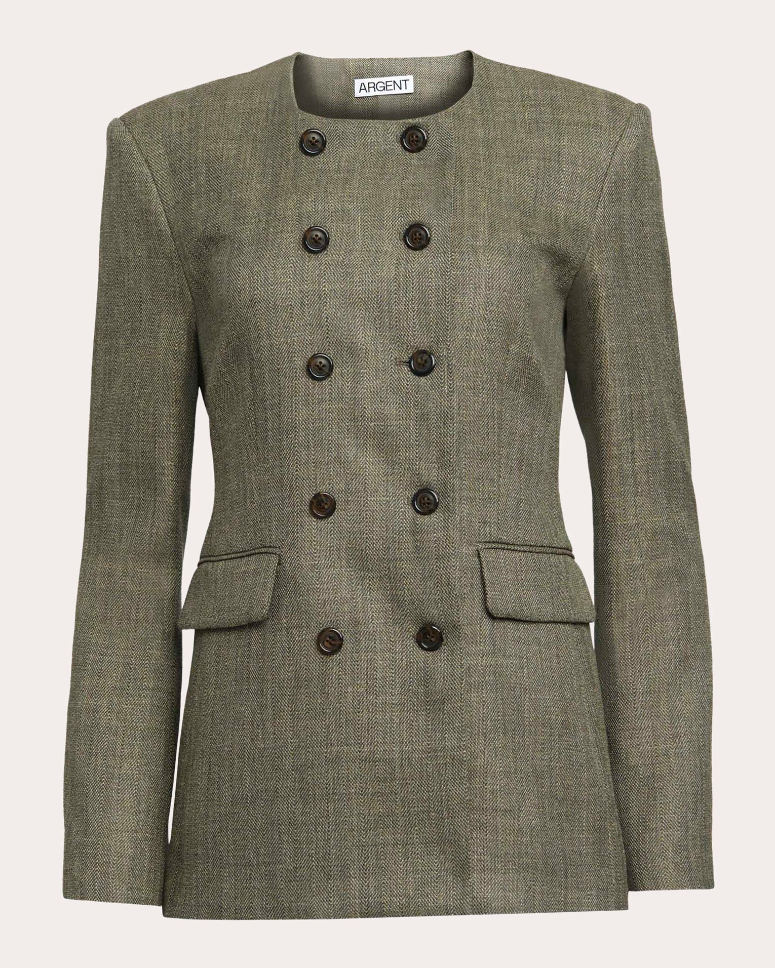 Herringbone Wool Double-Breasted Crewneck Blazer