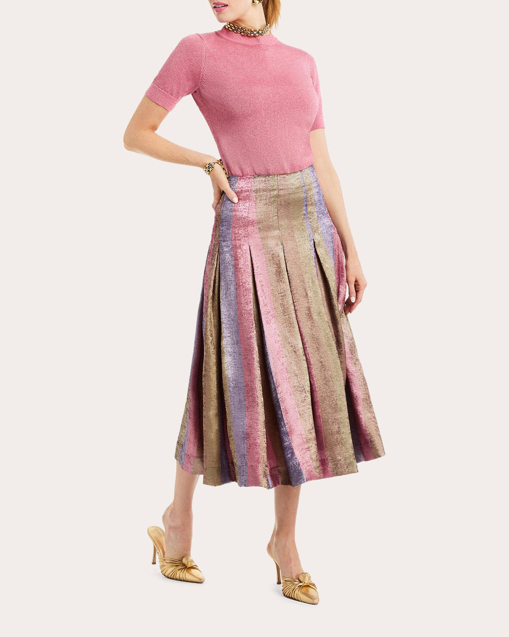 Seville Metallic Stripe Pleated Midi Skirt