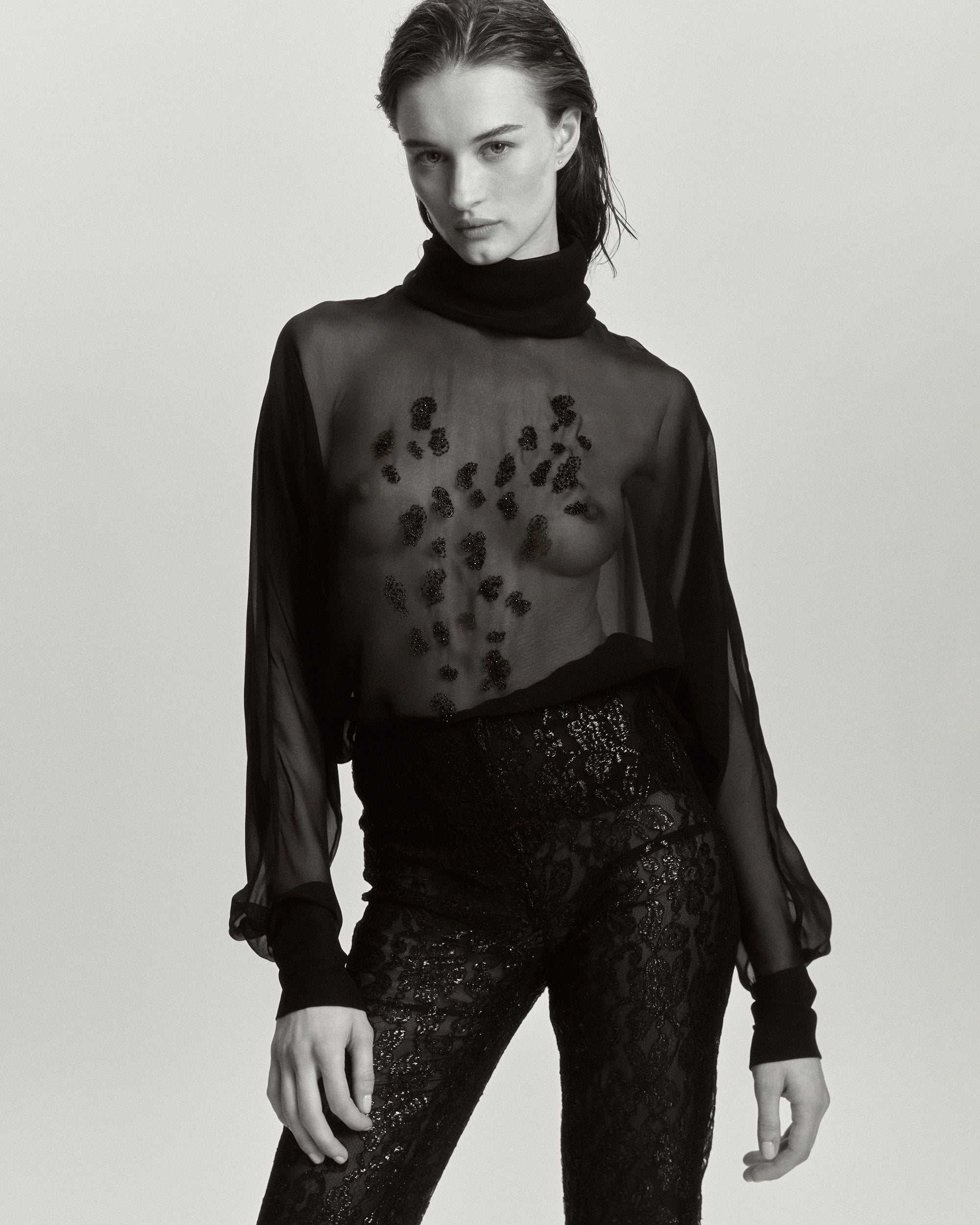 Dusk Sheer Silk Embroidered Mock Neck Top