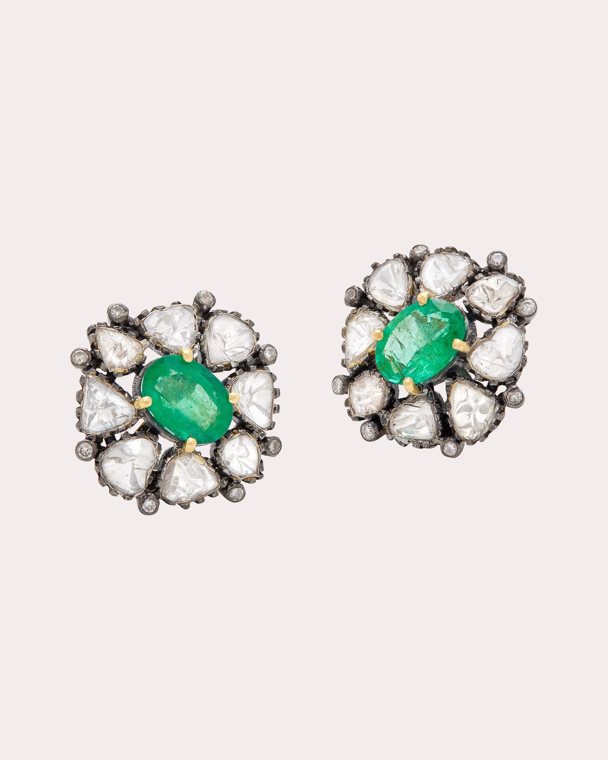 Ramadan 18K Gold Sterling Silver Emerald and Diamond Stud Earrings