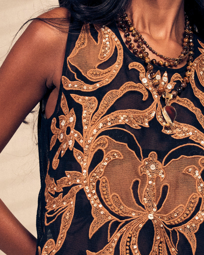 Indra Embroidered Sequin Mesh Top