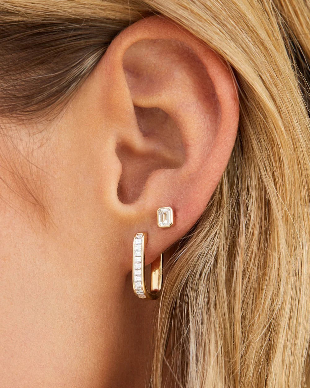 Diamond Emerald-Cut Bezel Stud Earrings