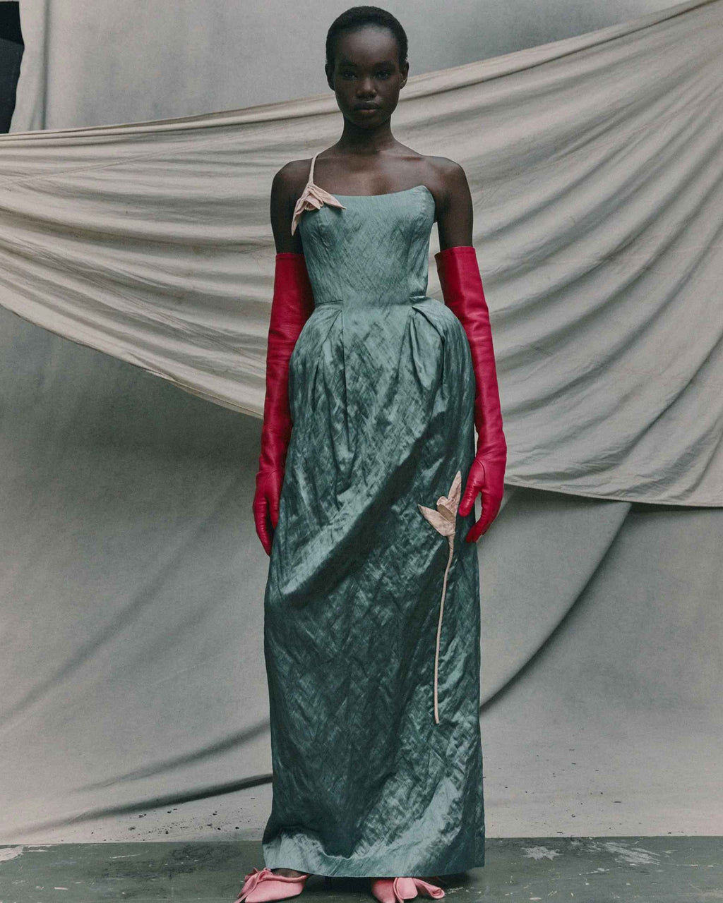 Floral Appliqué Crushed Satin Bustier Gown