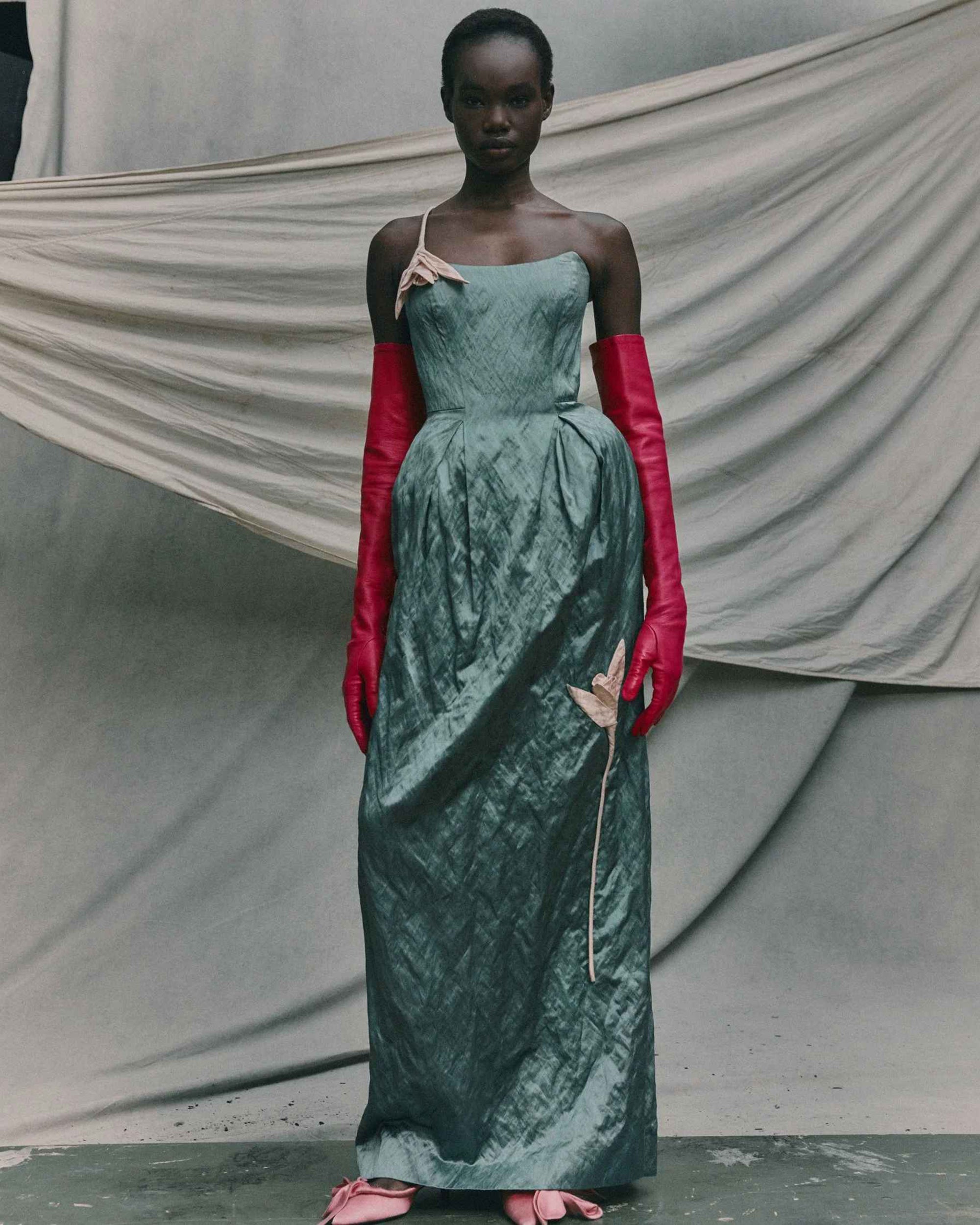 Floral Appliqué Crushed Satin Bustier Gown