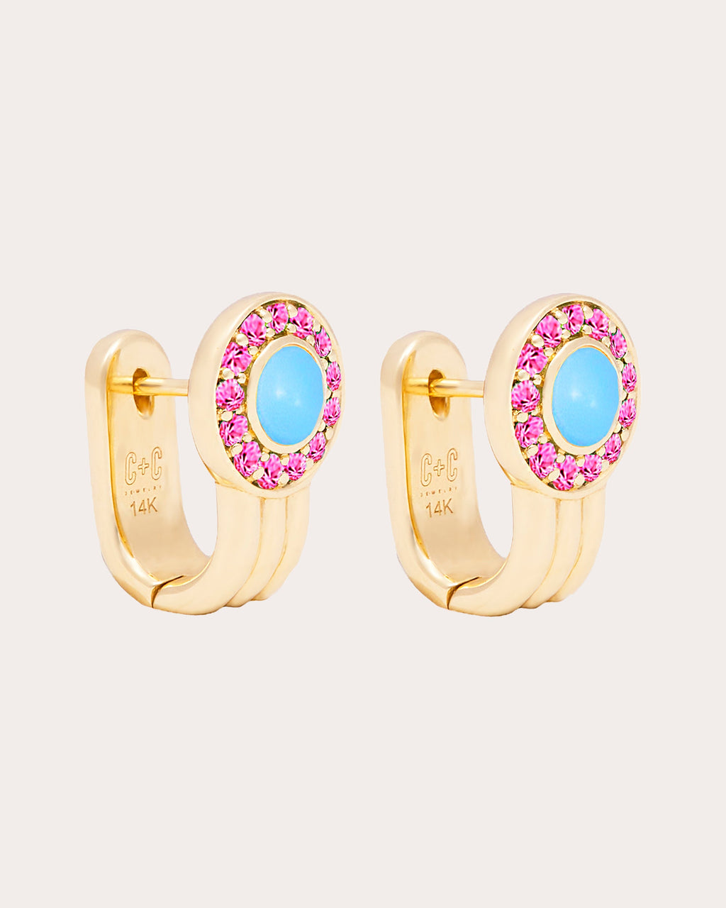Pink Sapphire & Turquoise Found Hoop Earrings