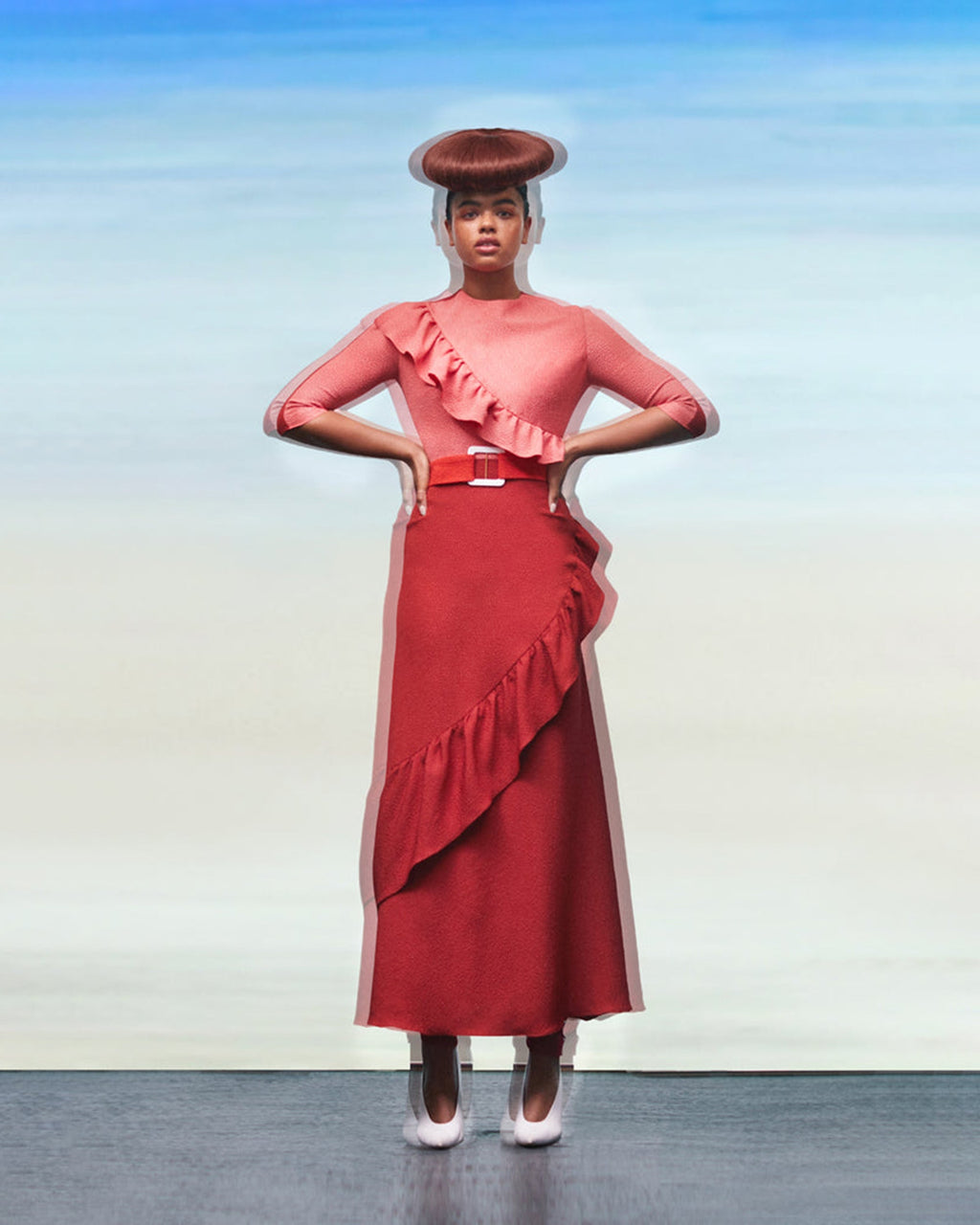 Astral Belted Ruffled Textured-Jacquard Midi Dress