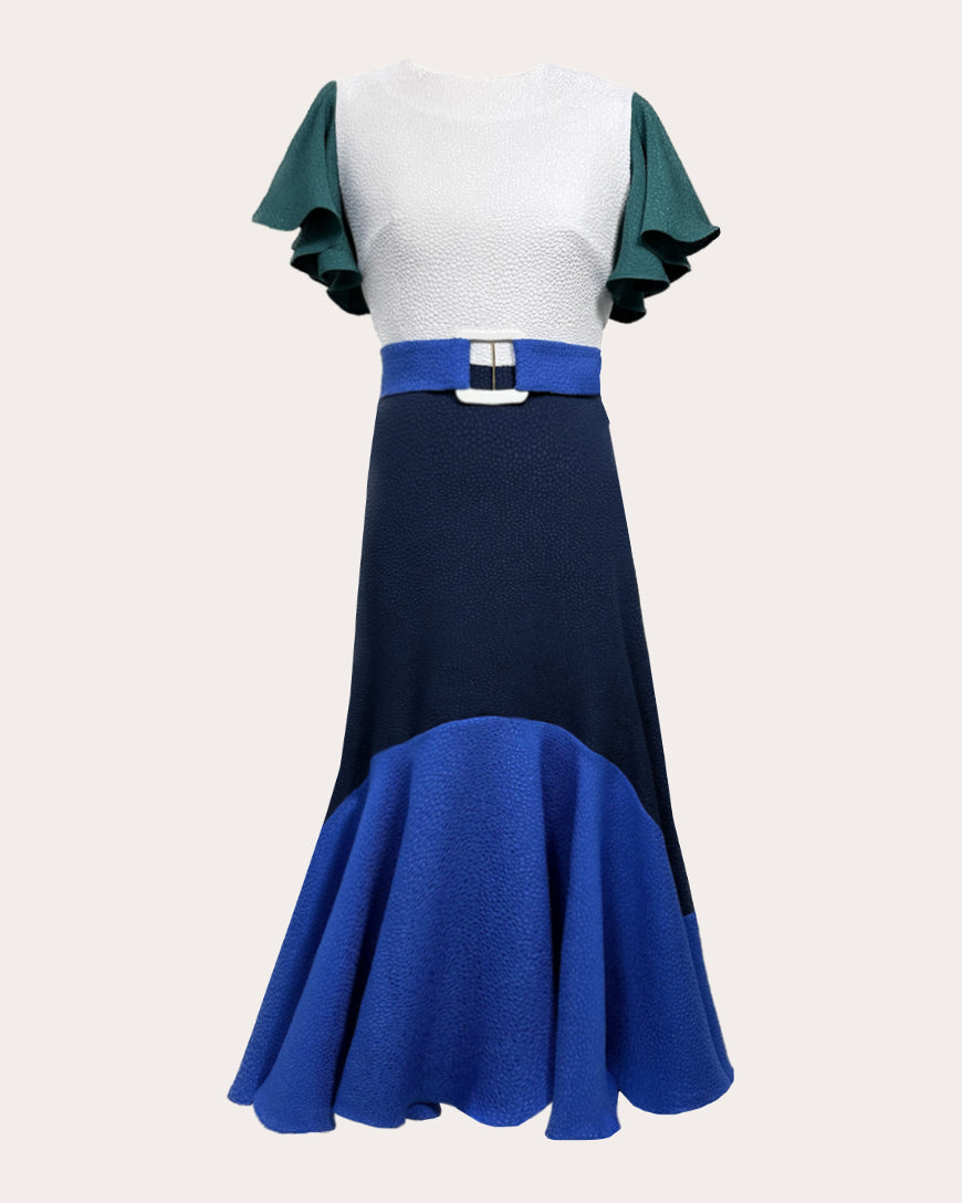 Dada Jacquard Belted Ruffle-Hem Midi Dress