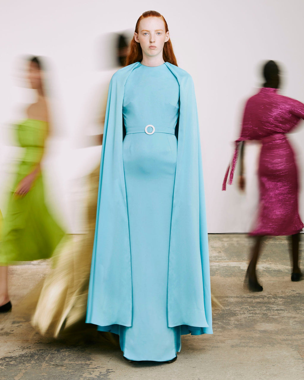 Mercury Belted Cape-Effect Crinkled-Satin Gown