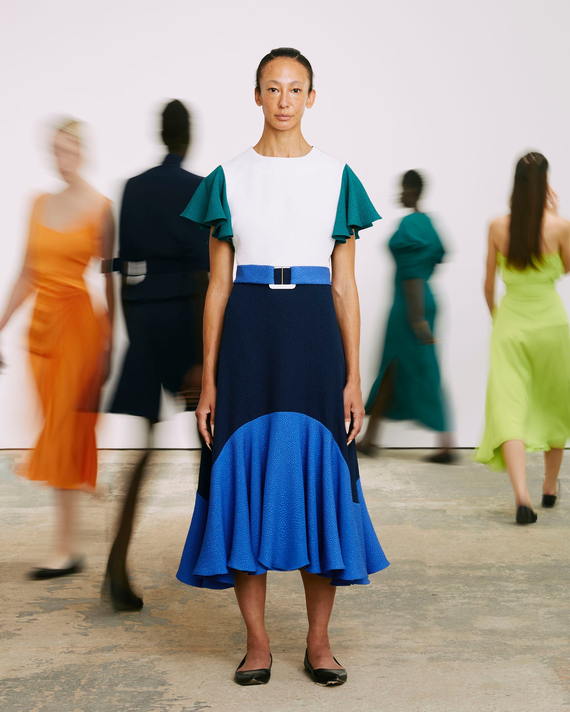 Dada Jacquard Belted Ruffle-Hem Midi Dress
