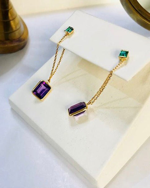 Emerald & Amethyst Chain Drop Earrings