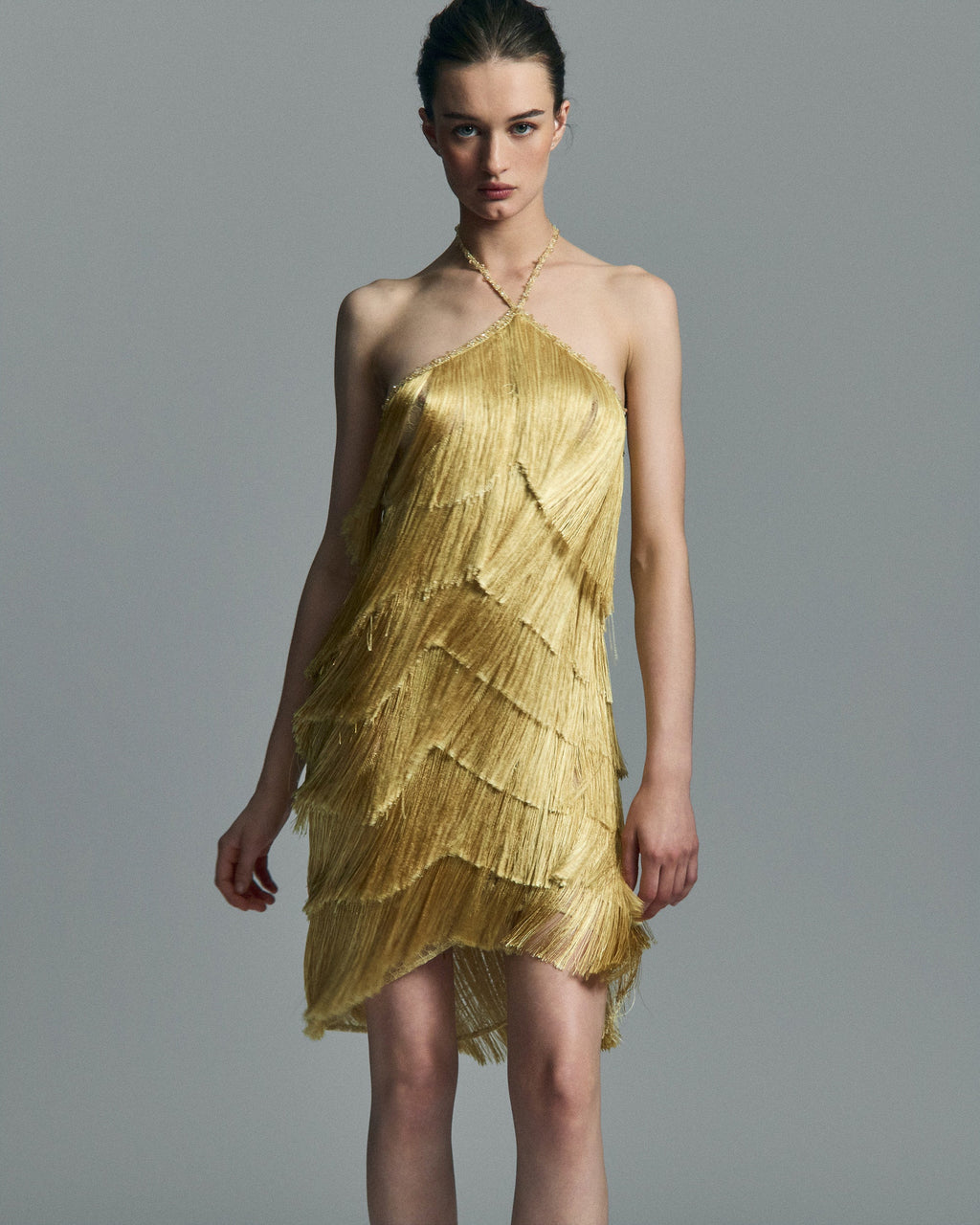 Estrella Silk Fringe Tiered Mini Dress