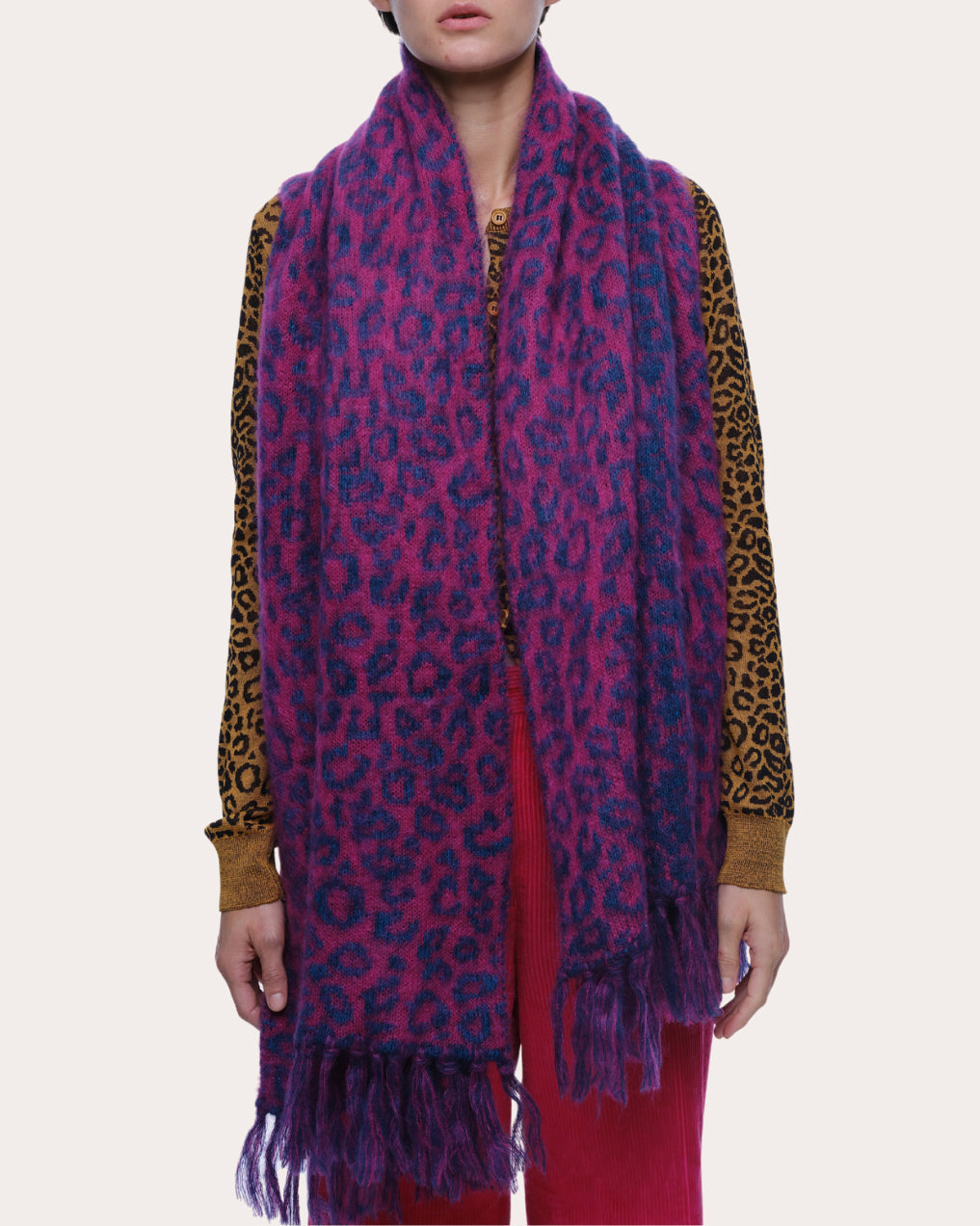 Cristobal Leopard Jacquard Cashmere Wool Fringed Scarf