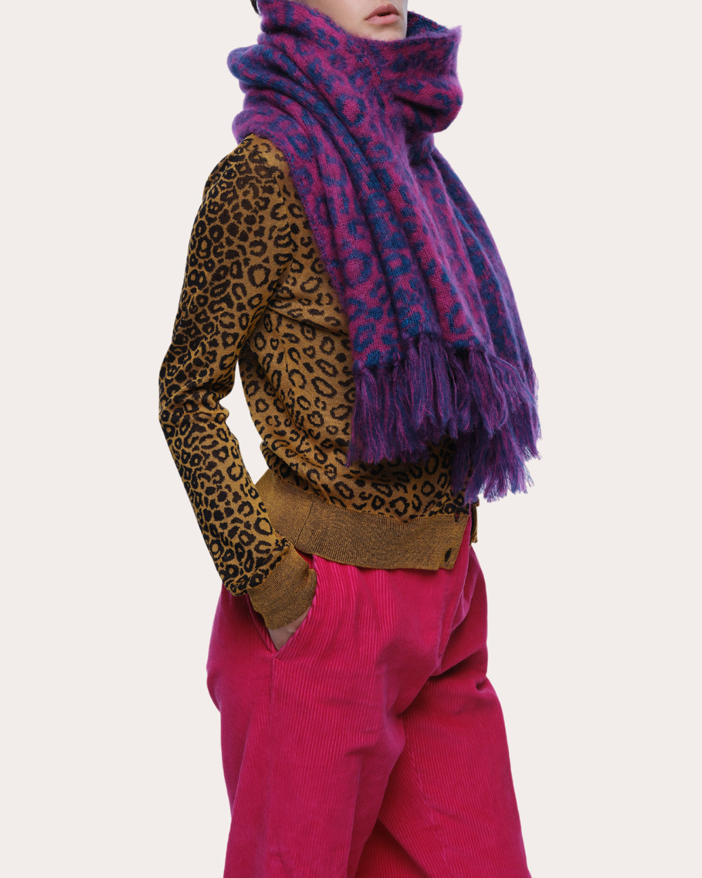 Cristobal Leopard Jacquard Cashmere Wool Fringed Scarf