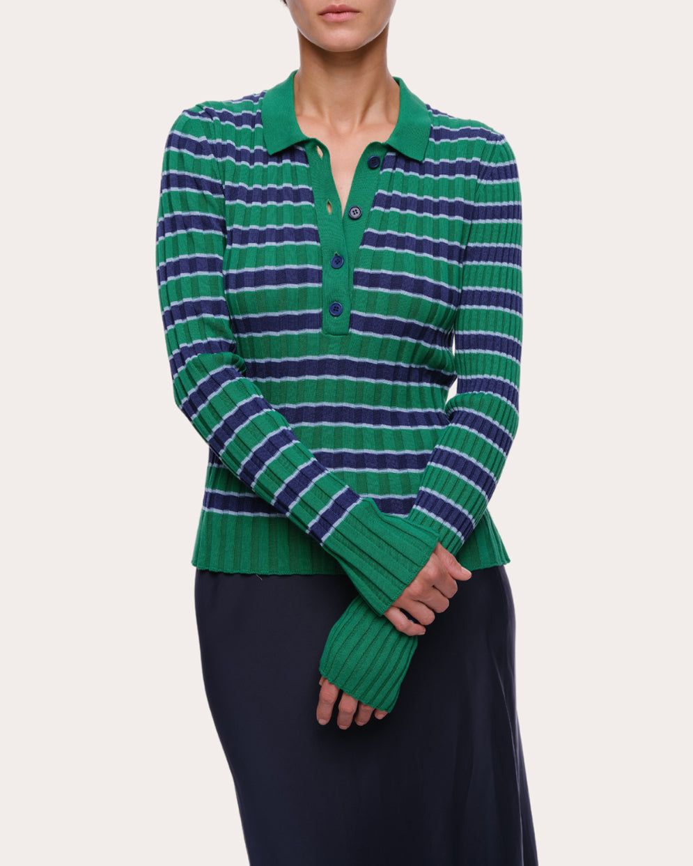 Silvia Stripe Ribbed Cotton Polo Sweater