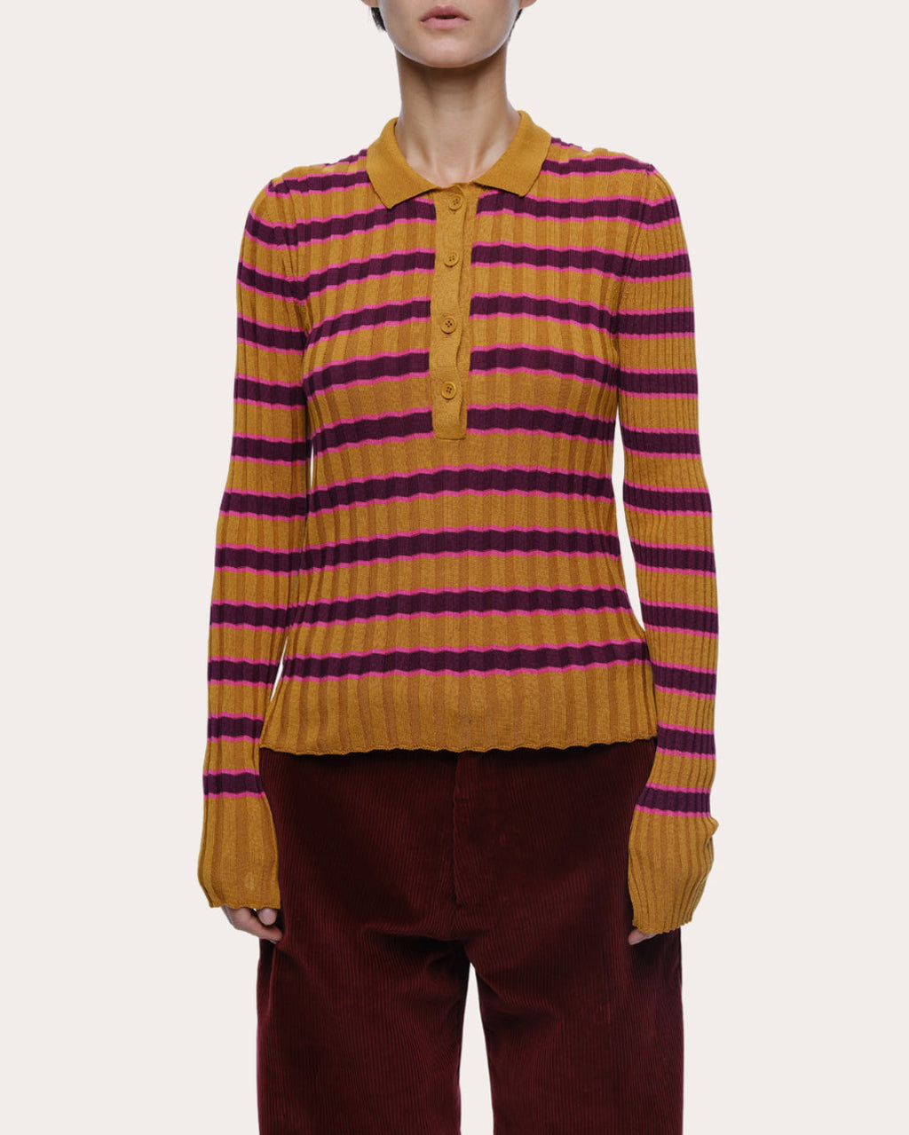 Silvia Stripe Ribbed Cotton Polo Sweater