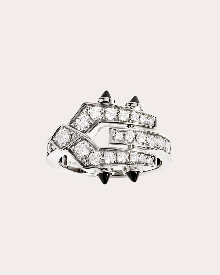 Spike Rhodium-Plated Sterling Silver Black Agate and Diamond Ring