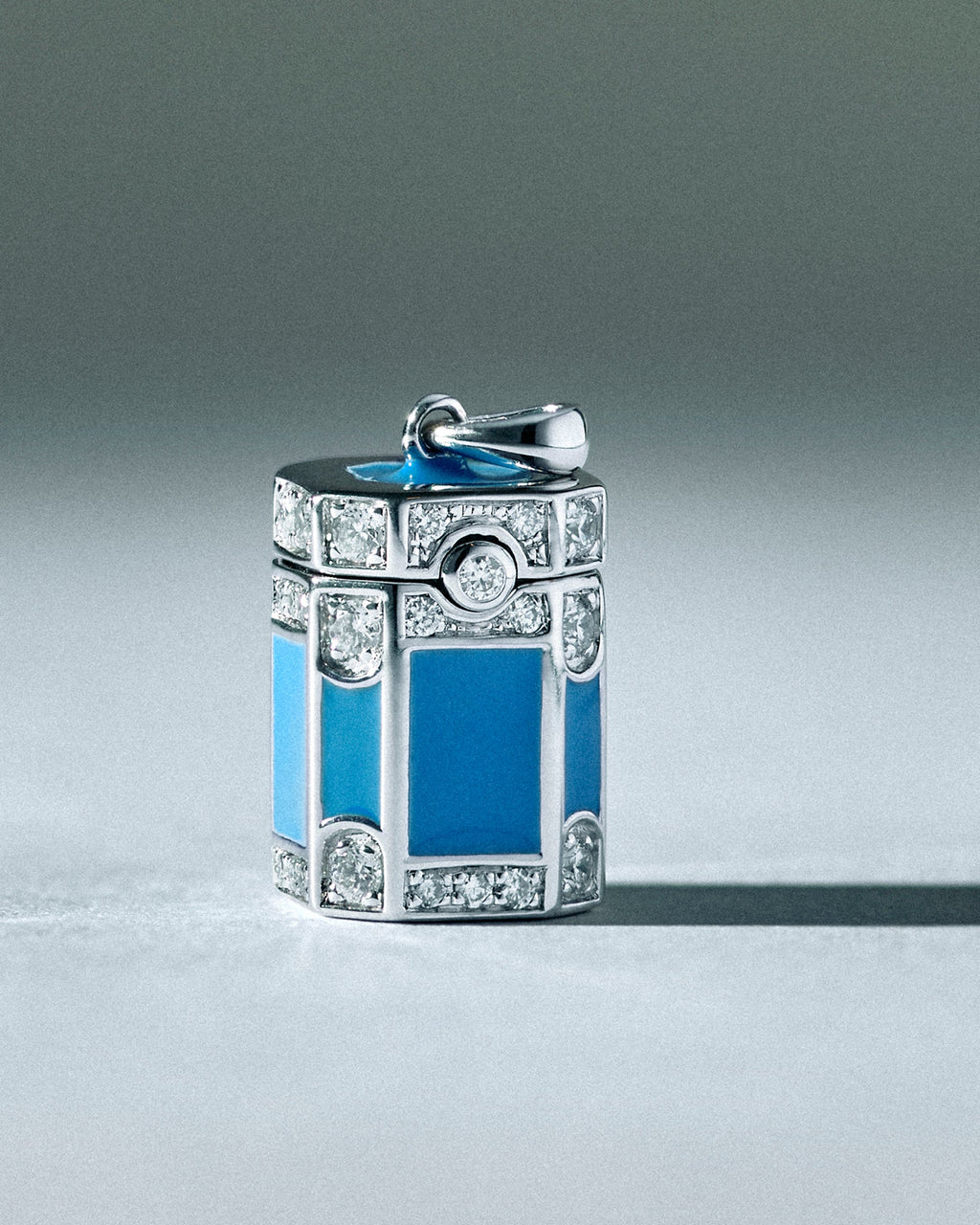 Diamond & Blue Enamel Wish Box Pendant Necklace