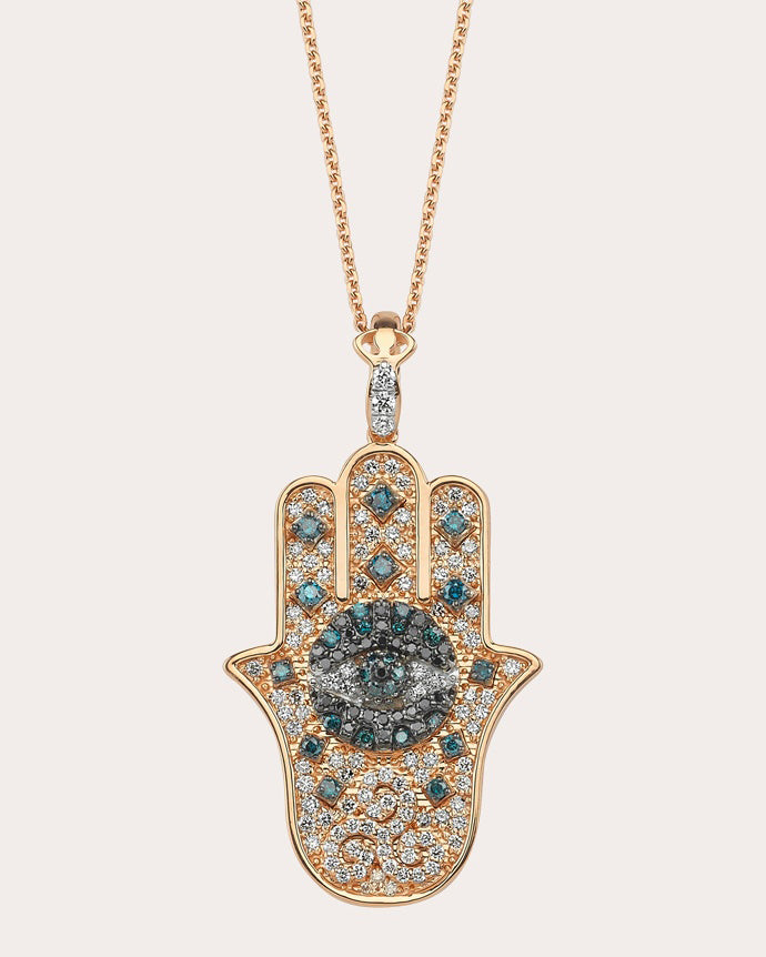 Blue & Black Diamond Hamsa Pendant Necklace