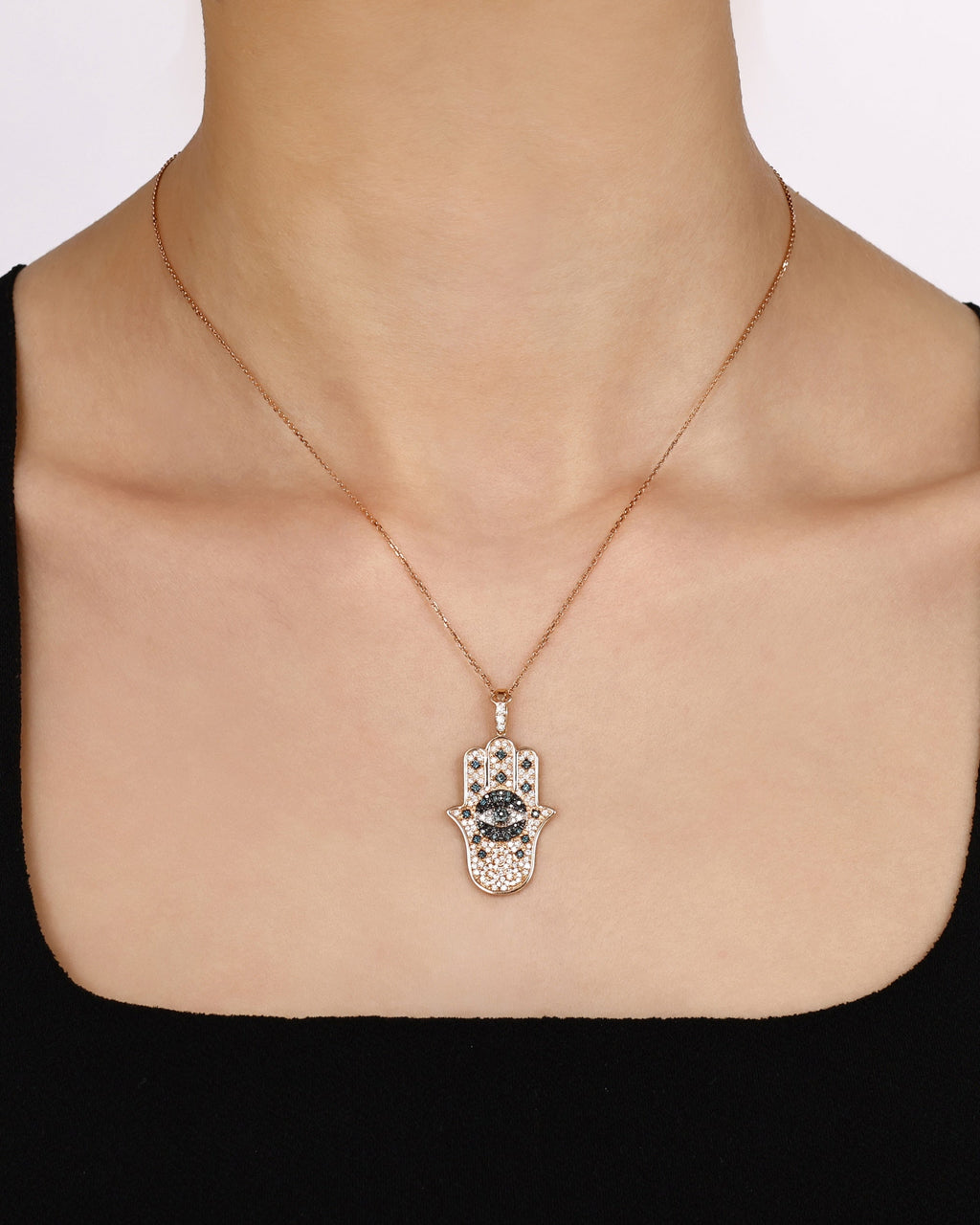 Blue & Black Diamond Hamsa Pendant Necklace