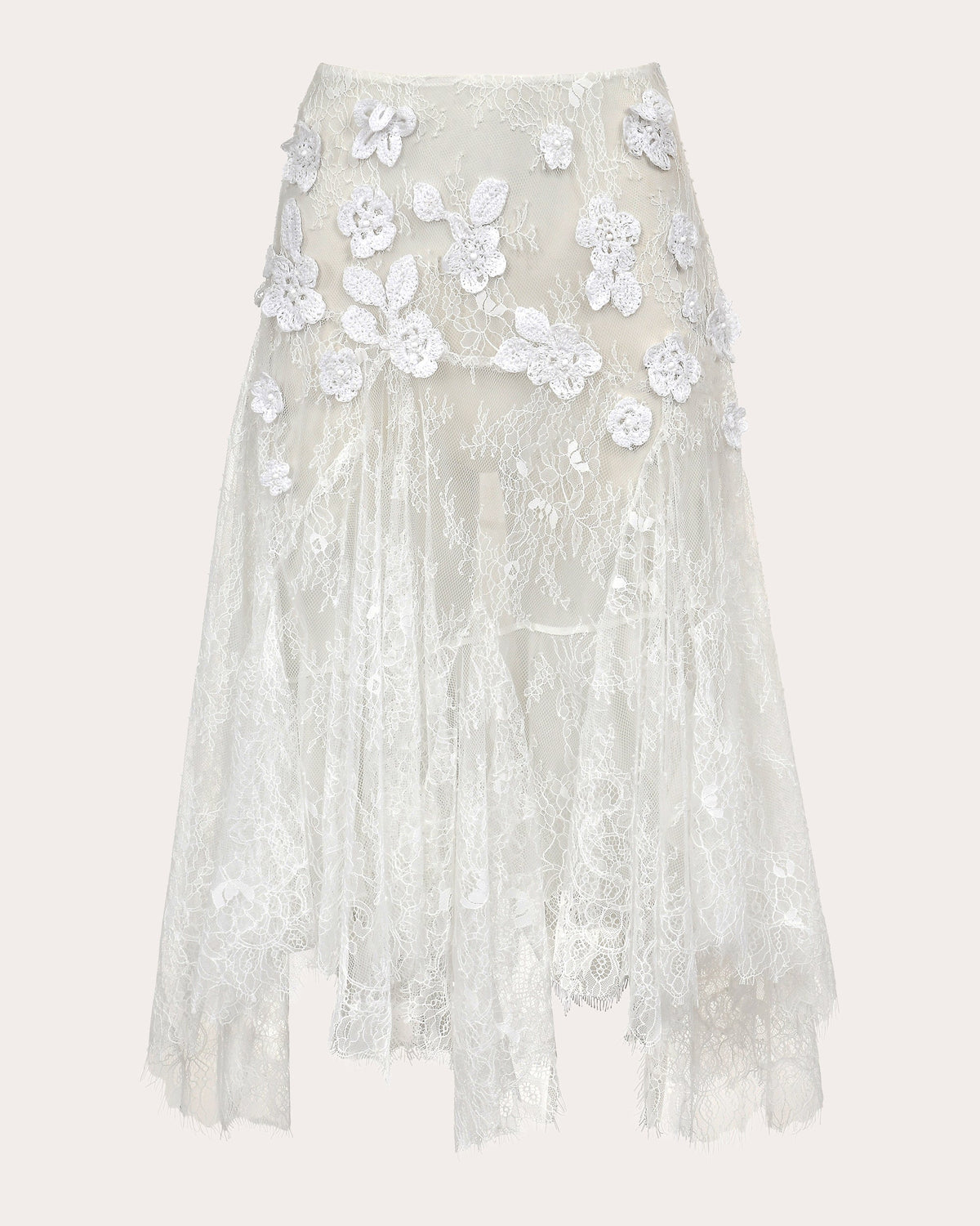 Flor Appliqué Sheer Lace Midi Skirt