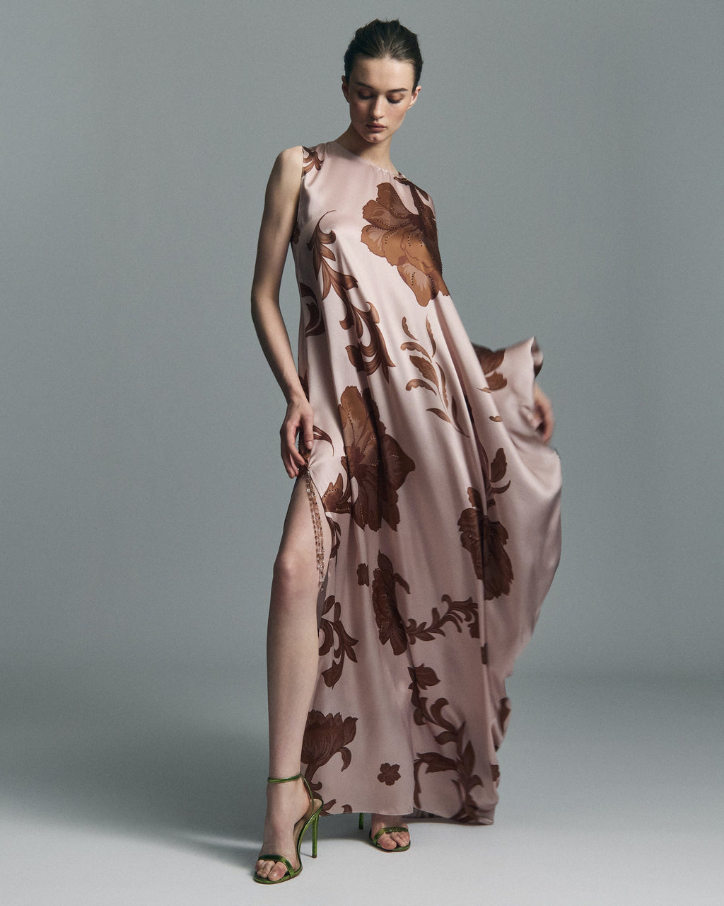 Floral Wind Silk Asymmetric Maxi Dress
