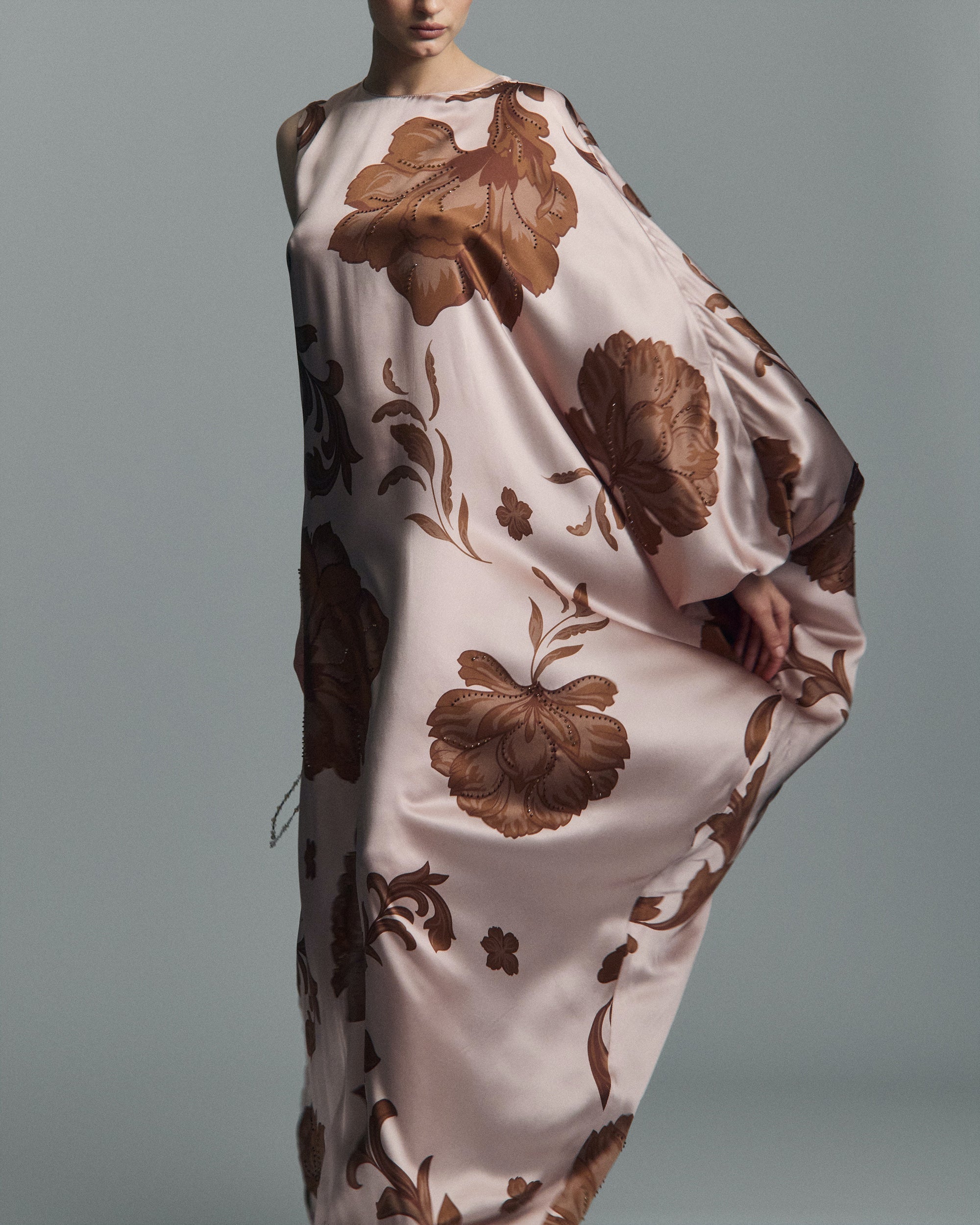 Floral Wind Silk Asymmetric Maxi Dress