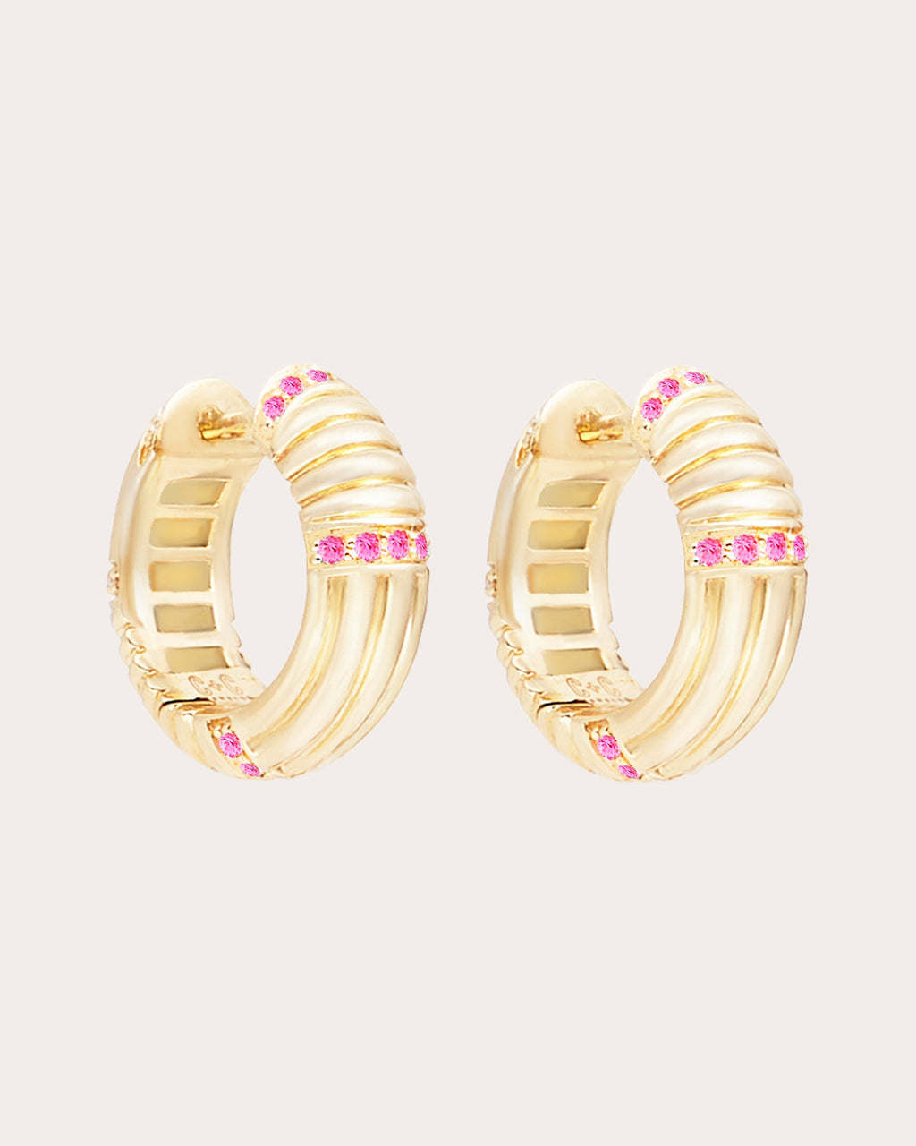 Pink Sapphire & 14k Gold Found Ribbed Hoop Earrings